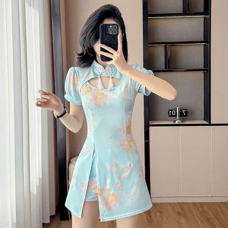 New National Wind Modified Cheongsam Dress, Summer New Chinese Style Retro Young Girl's Waist-Cinching Short-Sleeve Dress Set