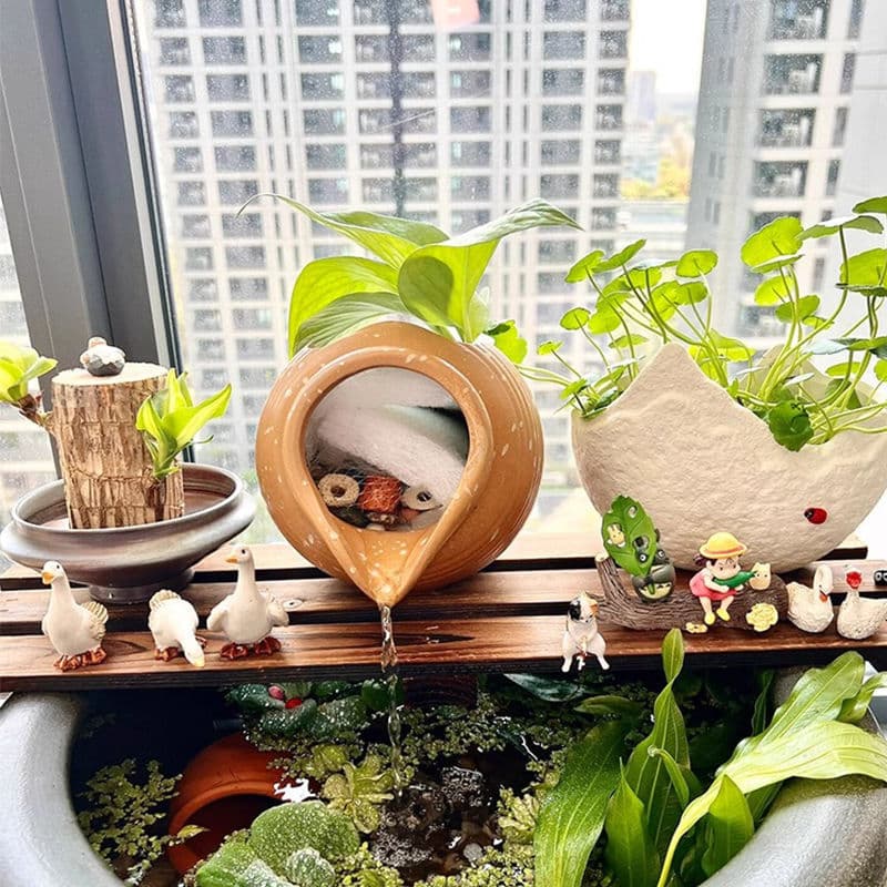 Eco Tank Ancient Fishkeeping Ceramic Pot Flowing Water Ornament, Circulating Water Oxygenation Filter, Garden Courtyard Decoration Fountain Accessories