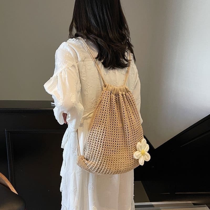 Korean-style minimalist bucket bag, women's backpack, tote bag, woven bag, trendy matching, vintage beach bag