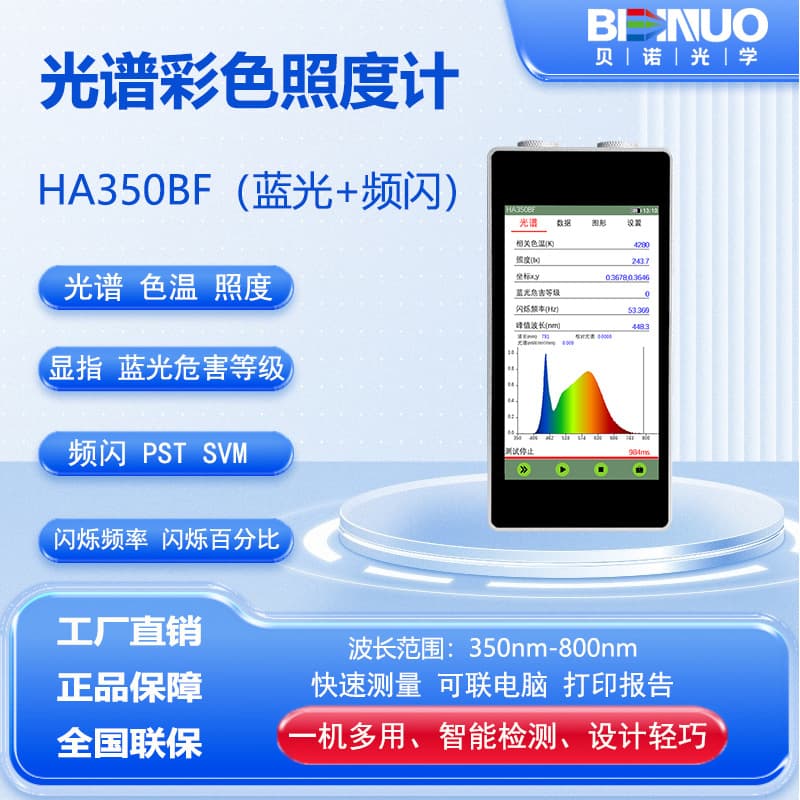 HA350BF Spectroradiometer for blue light hazard, flicker, color temperature, CRI, illuminance, flicker index, and fluctuation depth frequency