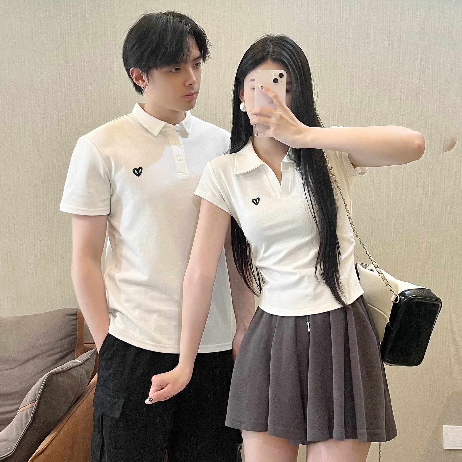 Stylish Couple Outfits, New Summer Style, Versatile, One Long, One Short, High-End Heart-Shaped Short-Sleeved Collared Trendy Brand T-Shirt Top