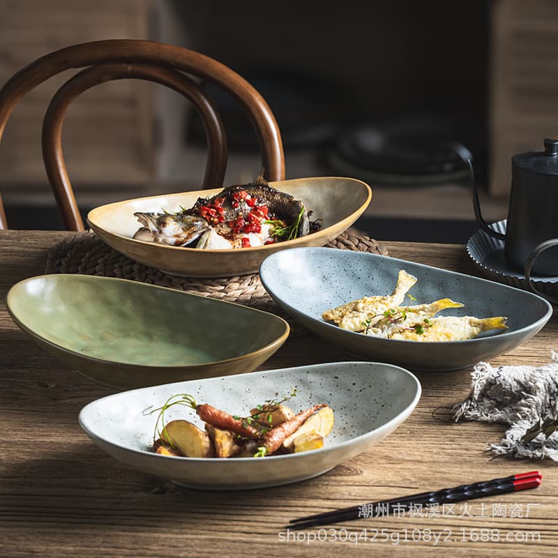 Japanese-style coarse ceramic oval retro salad bowl, creative irregular-shaped bowl, large deep bowl, home fruit bowl, vegetable bowl