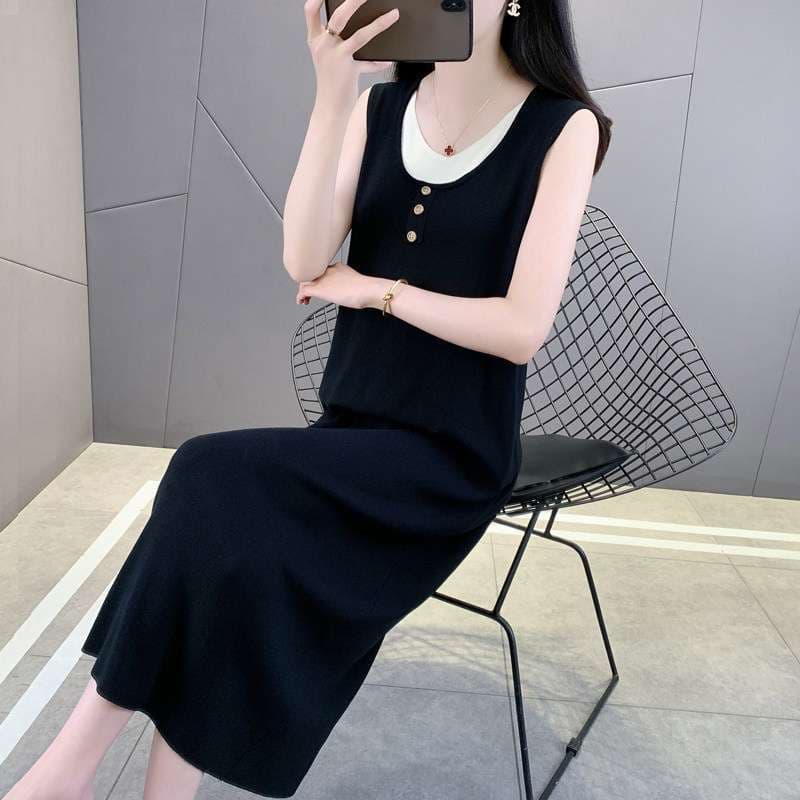 Mid-Length Knit Vest Dress with Faux Layering, Ice Silk Sleeveless Plus Size Dress 2026, Loose Fit Inner Layering Long Dress