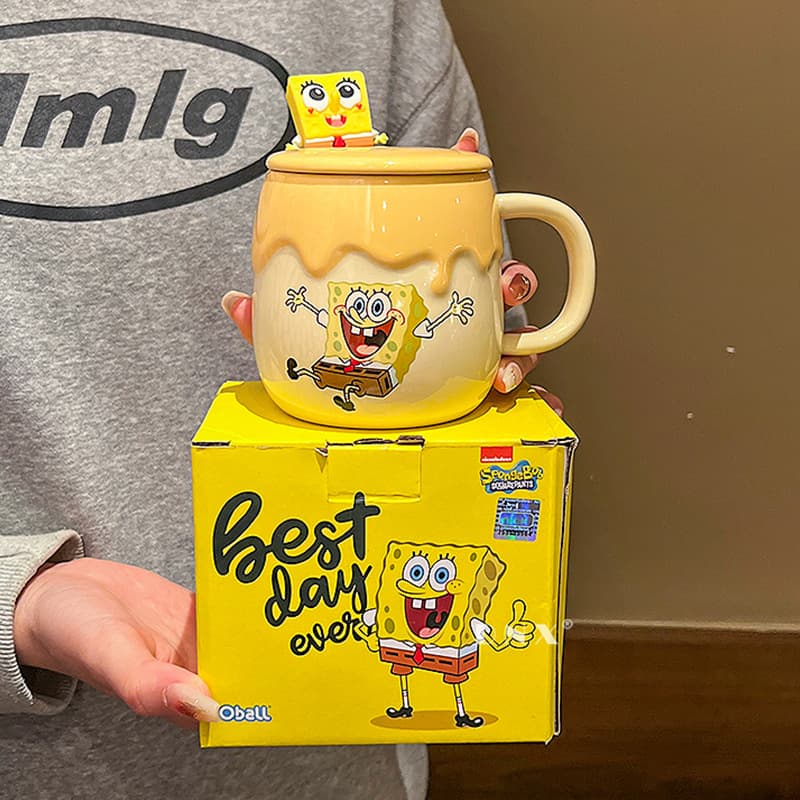 SpongeBob Ceramic Cup with Lid and Spoon, Home Children's Water Cup, Couple Mug, Cute Milk Cup for Women