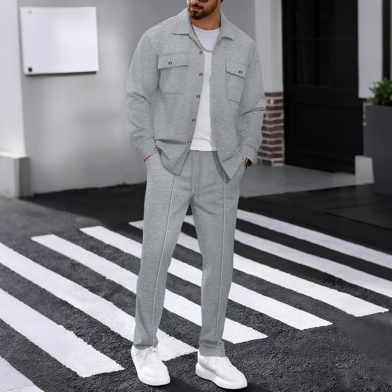 New Fall European and American Style Waffle Knit Long Sleeve Top and Pants Two-Piece Set Solid Color Double Pocket Workwear Cardigan Shirt Set