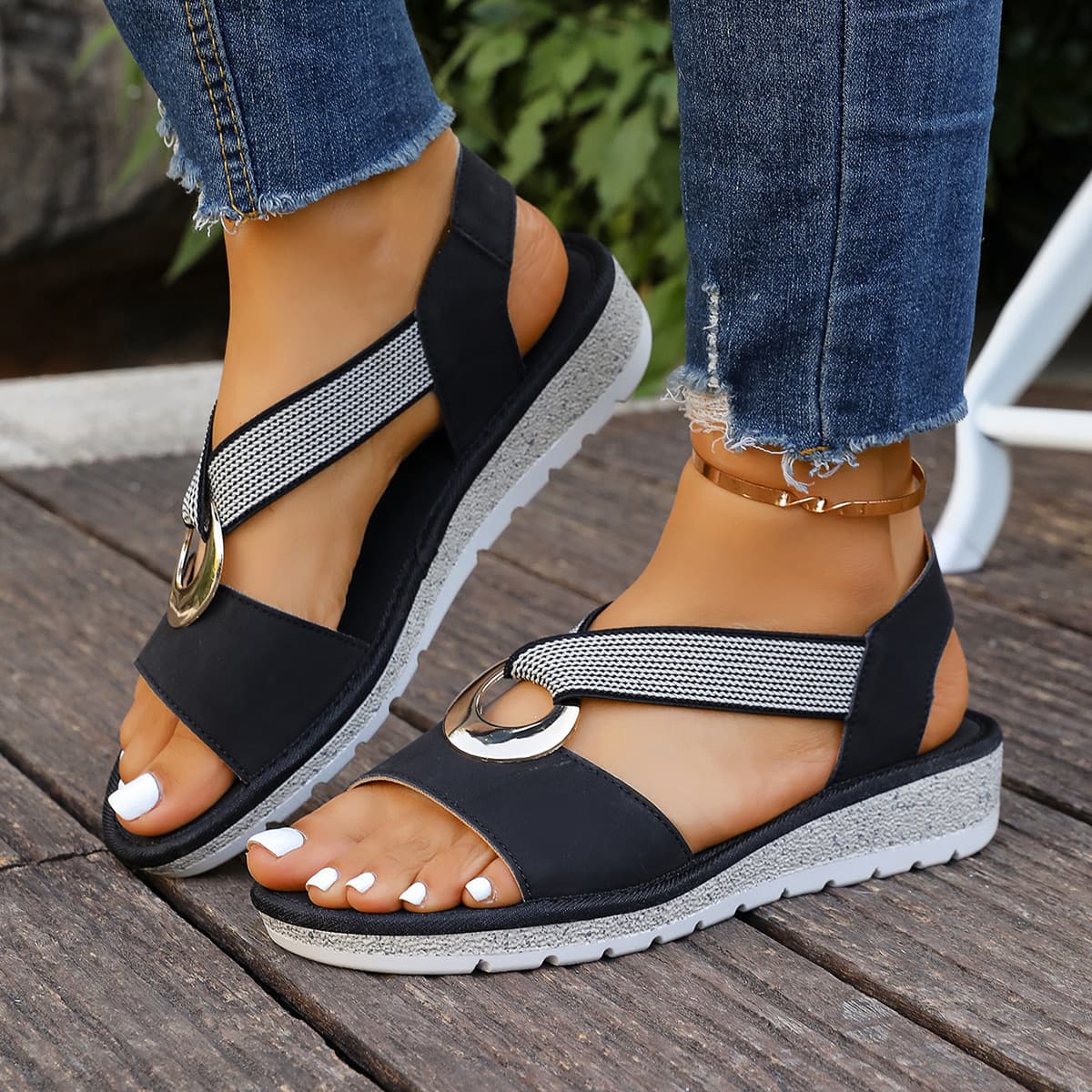 Fish Mouth Sandals Women Cross-border Metal Buckle Wish Foreign Trade Decorative Hemp Rope Amazon European American Wedge Heel Plus Size Women's Sandals