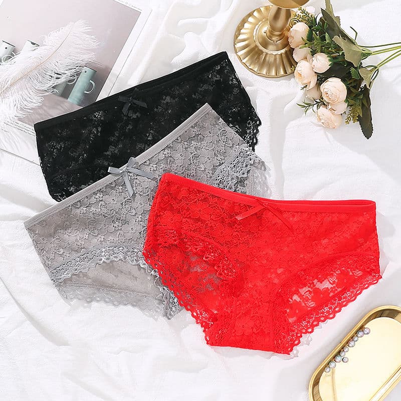 Bright red sexy lace panties for women, mid-waisted, charming, perfect for those born in the year of their zodiac, weddings, and to bring good fortune; breathable briefs.