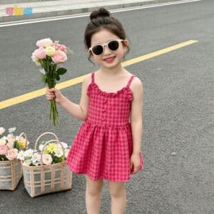 Girls' Rose Red Plaid Summer New Fashionable Baby Cute Strap Dress Stylish Versatile Comfortable Children's Dress