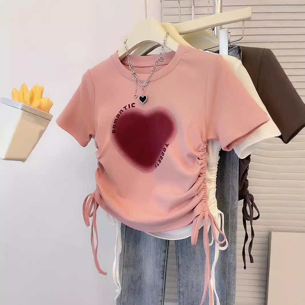 Short-sleeved T-shirt Women's Summer New Korean-style Pink Shoulder Hot Girl Slim-fit Drawstring Design Sense Printed Round Neck Top Trendy