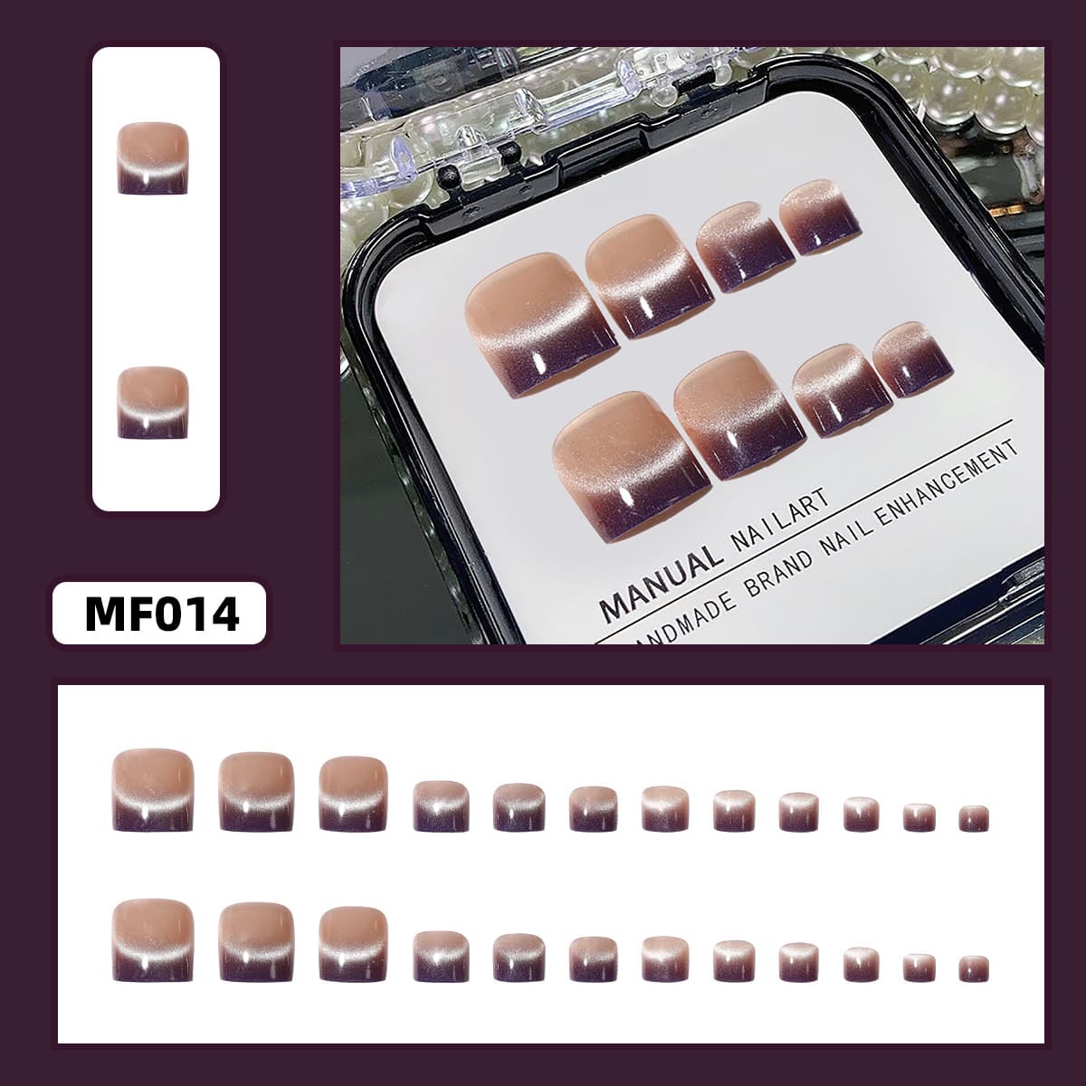 New Brown Purple Gradient Nail Art 24pcs Cat Eye Gradient French Nail Art Toenails Removable Fake Nail Stickers
