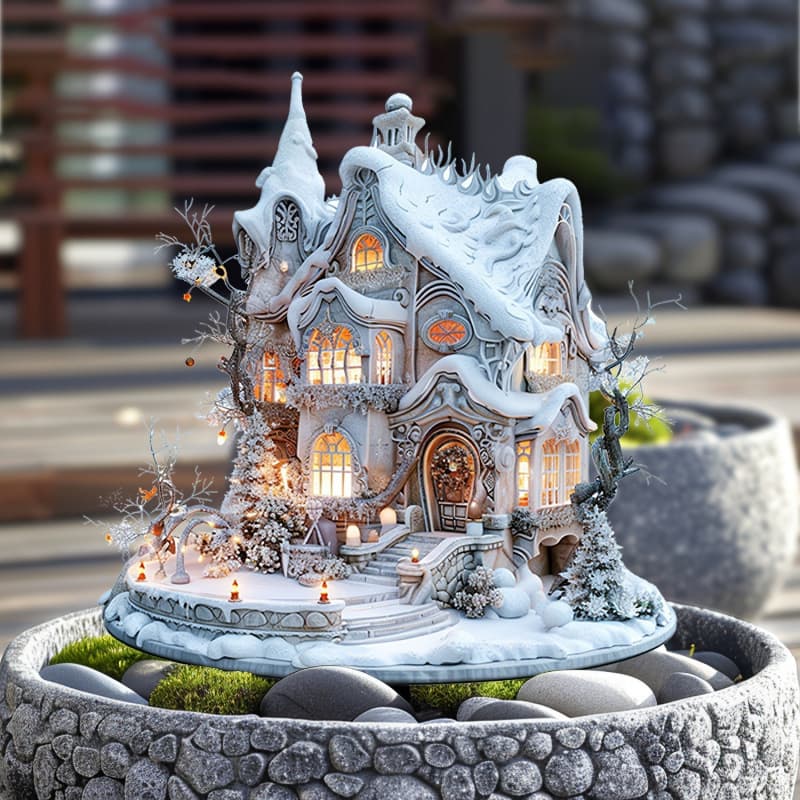 Charming Snow House Garden Stake Outdoor Lawn Potted Plant Decoration Ground Insert Flower Pot Ornament for Pathway Beautification
