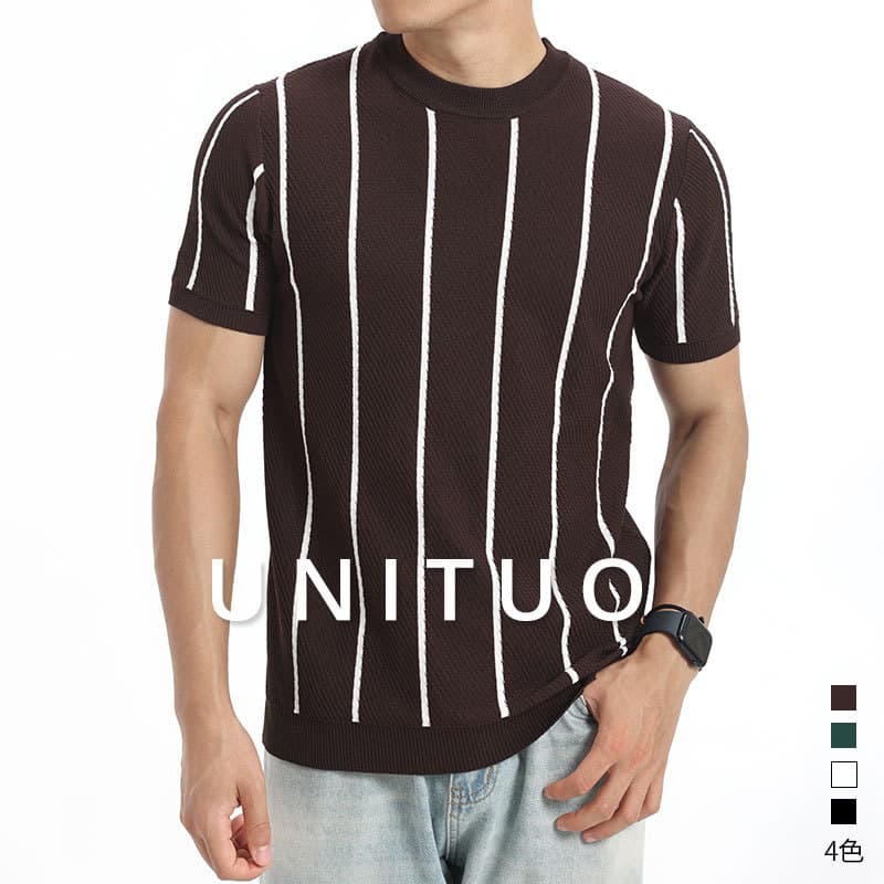 Men's Vertical Striped Knitted T-Shirt 2026 Summer Ice Silk Breathable Round Neck Light Business Casual High-End Men's Clothing