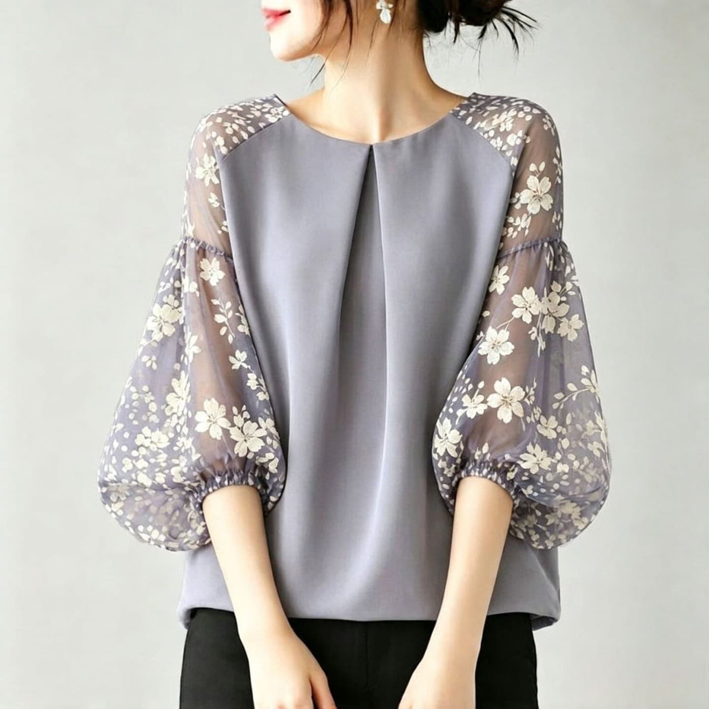 Cross-border Southeast Asian Japanese style round neck chiffon shirt for women summer new style spliced printed lantern sleeve loose commuting top