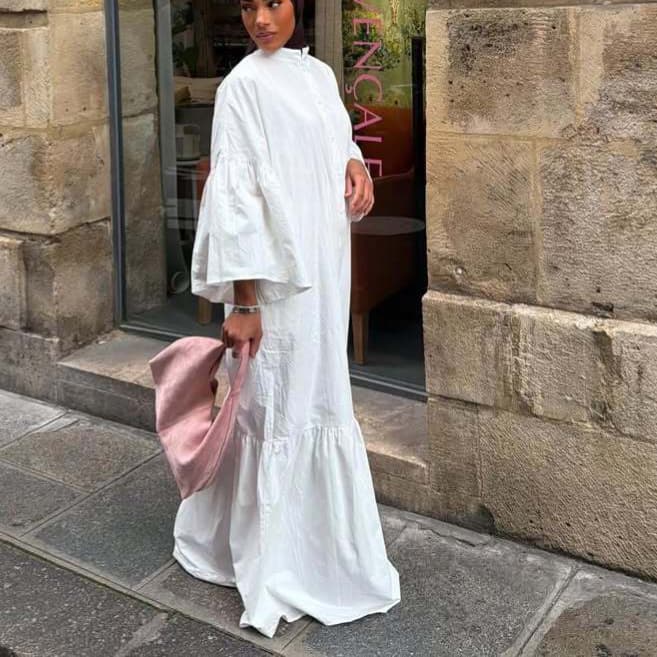 2026 Women's Spring Autumn Solid Color Boat Neck Long Waist Dress Slimming Flared Sleeve Maxi Dress for Cross-border Europe and US Markets