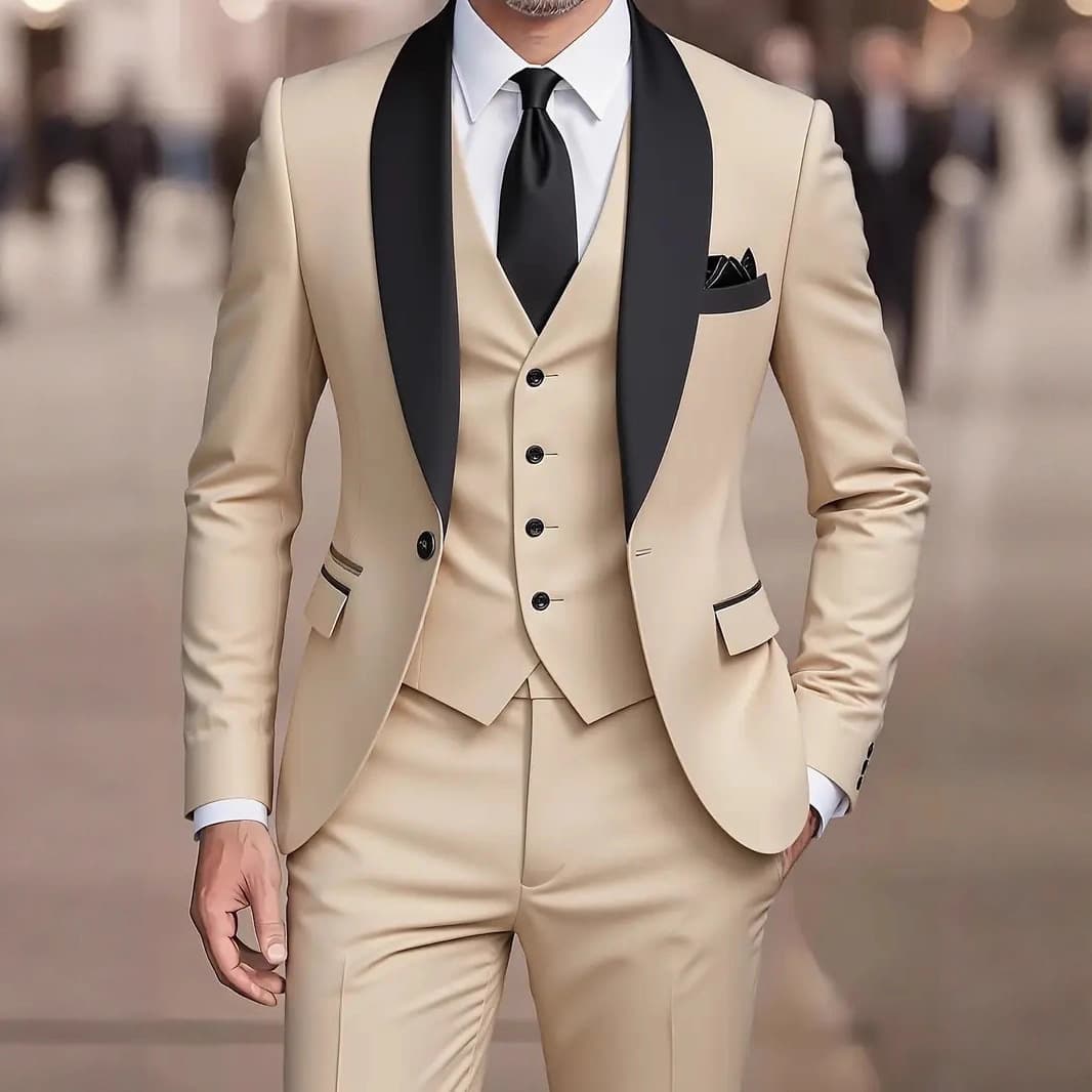 Men's Three-Piece Suit Set Shawl Collar Groom Wedding Suit Korean Slim Fit Best Man Tuxedo