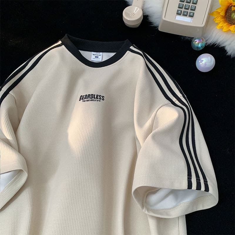 Waffle knit short sleeve t-shirt for men, summer thin style, trendy and versatile, youth American heavy-weight half-sleeve tee