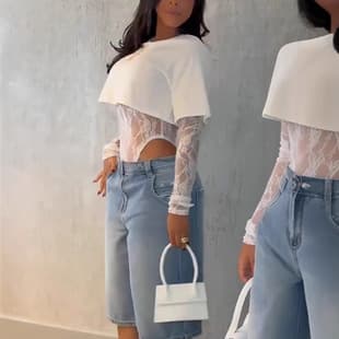 Lace T-Shirt Top and Jumpsuit for Women - Round Neck Long Sleeve Irregular Top, Summer Fashion Streetwear, True Two-Piece Set