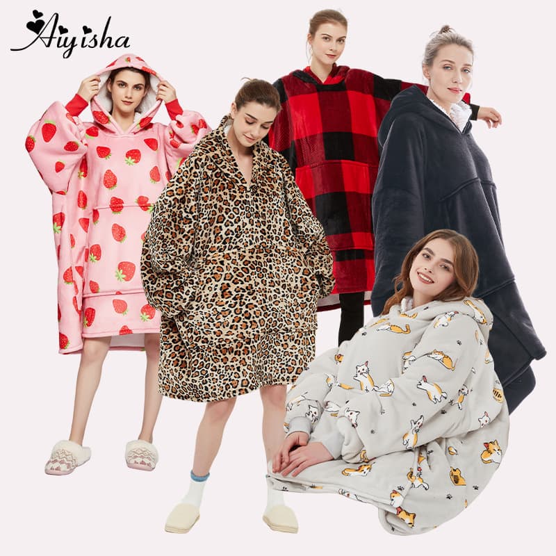 Blanket Hoodie Cartoon Pajama Warm Pullover Lazy TV Blanket Thick Oversized Sweatshirt