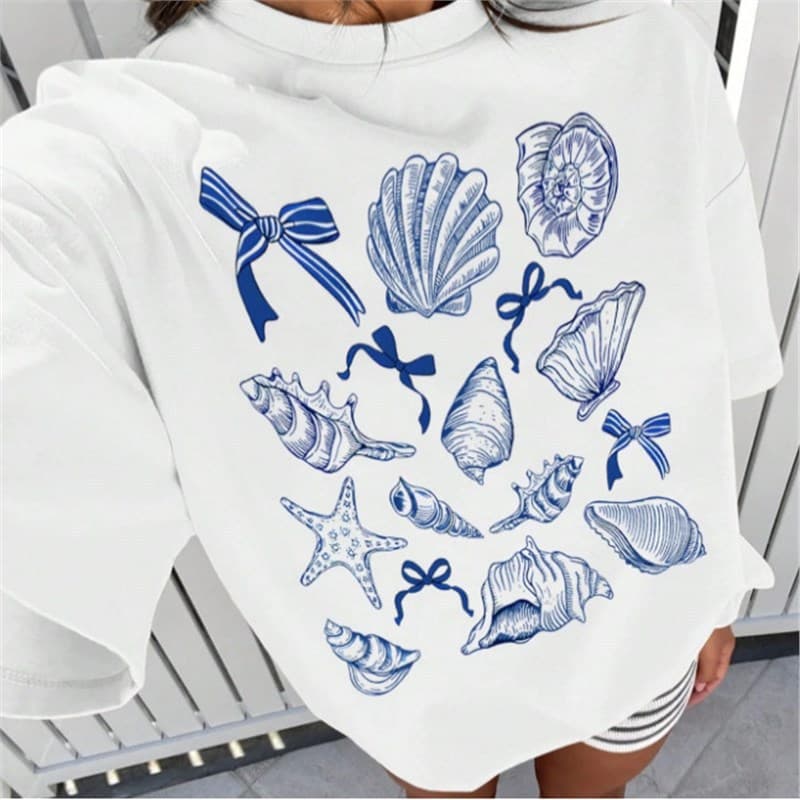 Cross-border wholesale pure cotton T-shirt, Amazon best-selling loose lemon shell pattern casual round neck women's pure cotton T-shirt