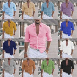 Cross-Border 2026 New Men's Summer Cotton Linen Turn Down Collar Beach Shirt Long Sleeve Solid Color Hawaiian Holiday Clothing