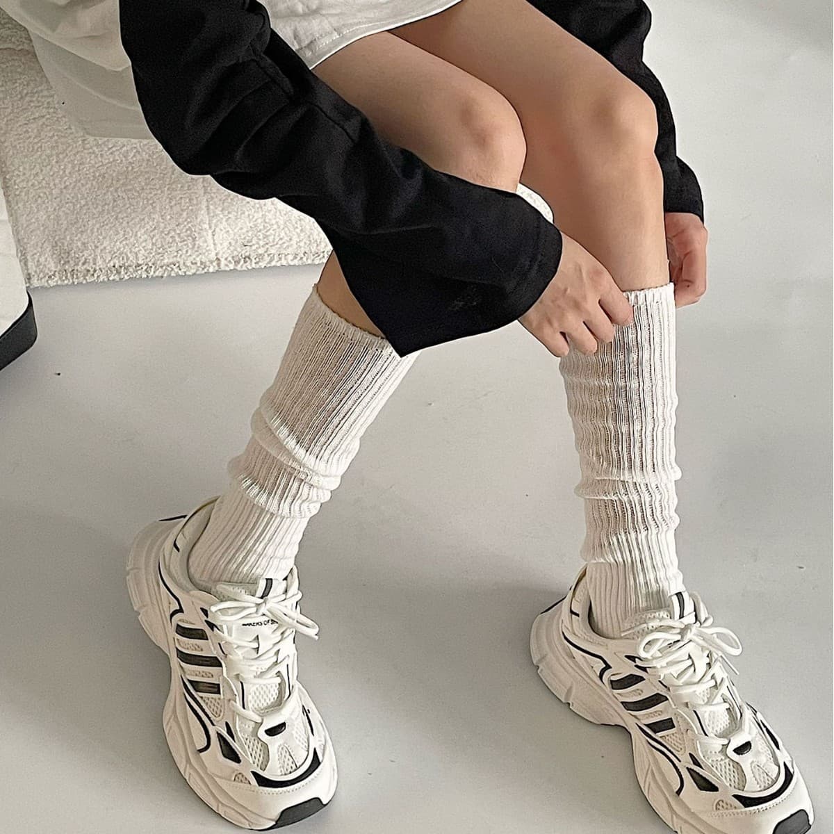 AMUSIVE Chunky Knit Grey Loose Calf Socks Miu Style Calf Socks for Women Autumn Winter Japanese Chunky Knit Stacked Socks