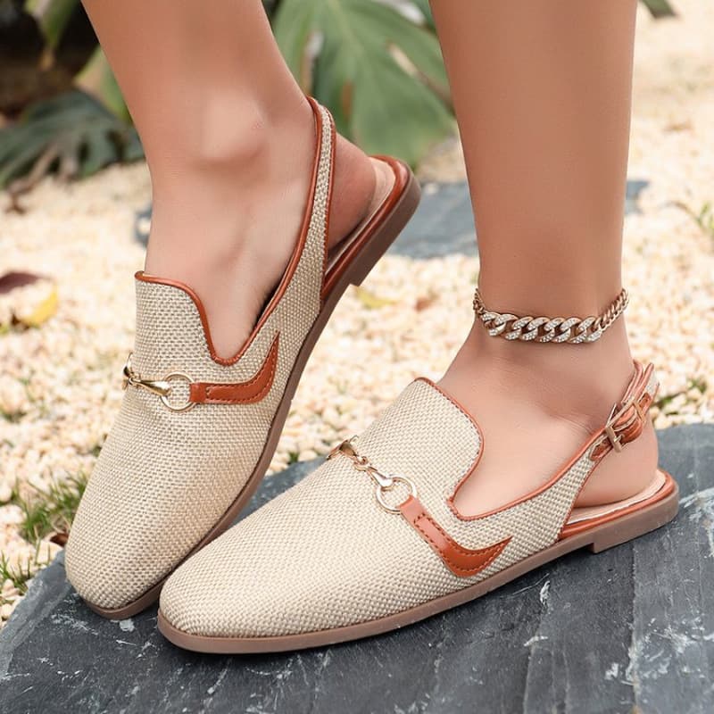 Flat shoes new style casual temperament metal buckle toe flat sandals large size versatile square toe single shoes for women