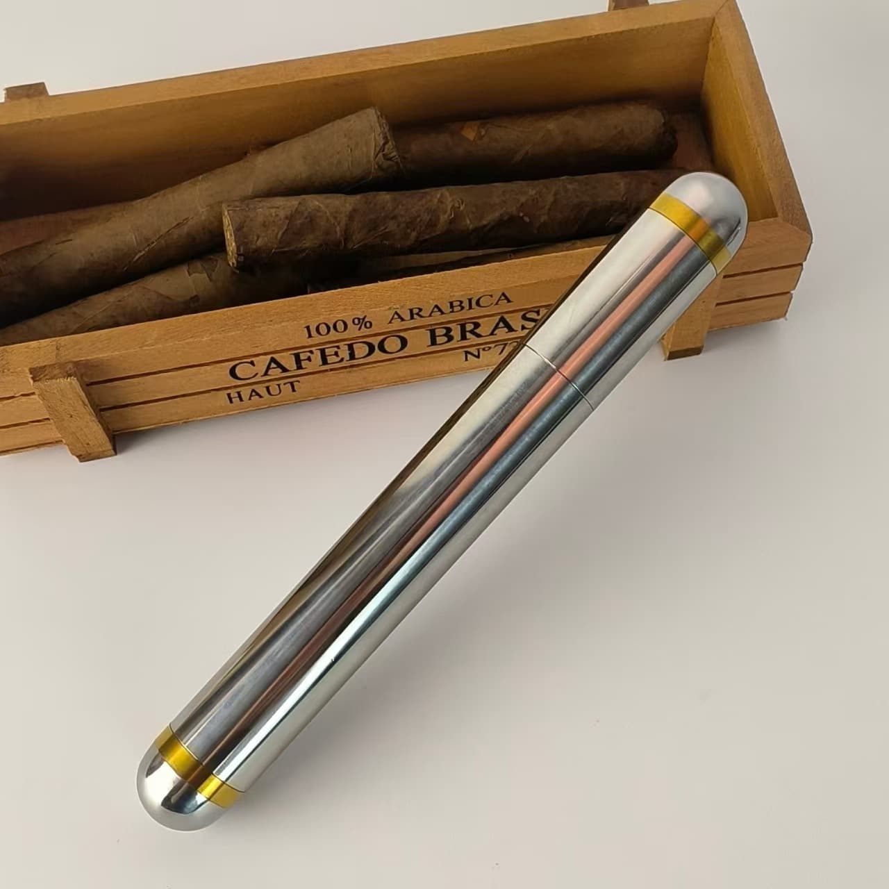 Cigar moisturizer tube 210MM gold ring stainless steel men's hotel club single portable cigar tube cigar accessories
