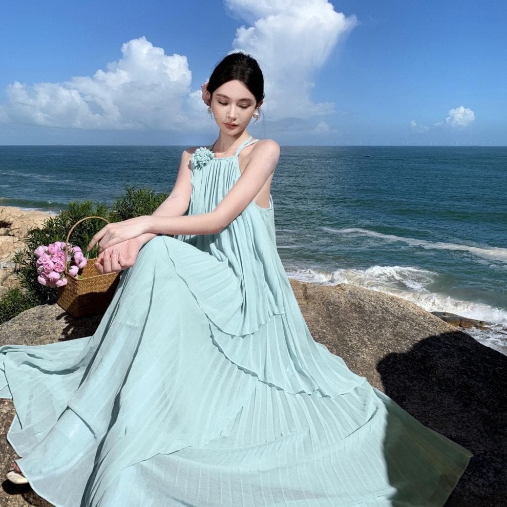 Beach vacation maxi dress, French style, ethereal camisole top, pleated skirt two-piece dress set