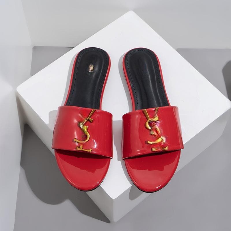 Patent Leather Metal Buckle One-Strap Flat Comfortable Slides Chunky Heel Casual Sandals High-Quality Export Version Y-Style Women's Slides