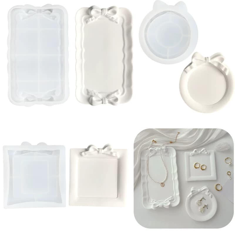 DIY bow tray round square jewelry storage box saucer coaster shape silicone mold crystal glue