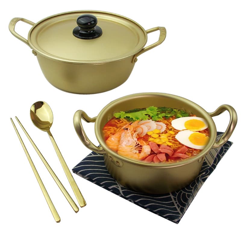 Korean Style Instant Noodle Pot for Cooking Shin Ramyun, Hot Pot, Induction Cooker Compatible Rice Mixing Pot, Open Flame Small Soup Pot, Yellow Aluminum Pot, Instant Noodle Bowl