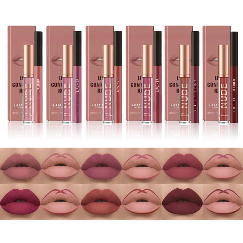 Cross-border Hot Selling Lip Gloss and Lip Liner Combo 2-Piece Set, Smudge-Proof Matte Lip Gloss Set