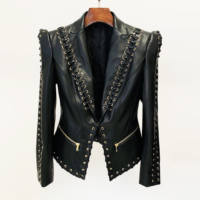 High Street Fashion 2026 Premium Designer Chic Elegant Tie-Front Slim Fit Leather Blazer Jacket