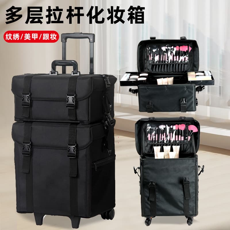 Double-layer Oxford Cloth Makeup Case with Trolley for Makeup Artists, Large Capacity Rolling Tattoo Beauty Salon Storage Box