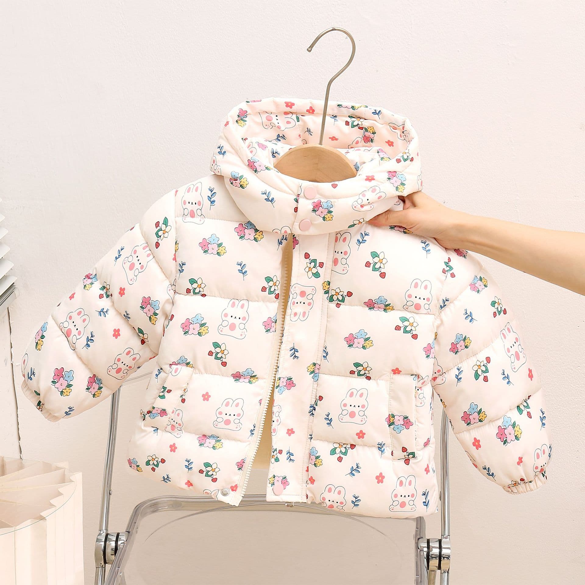 Kids Cotton Coat Baby Winter Jacket Girls Floral Cotton Padded Outerwear Autumn Winter Warm Fleece-Lined Top
