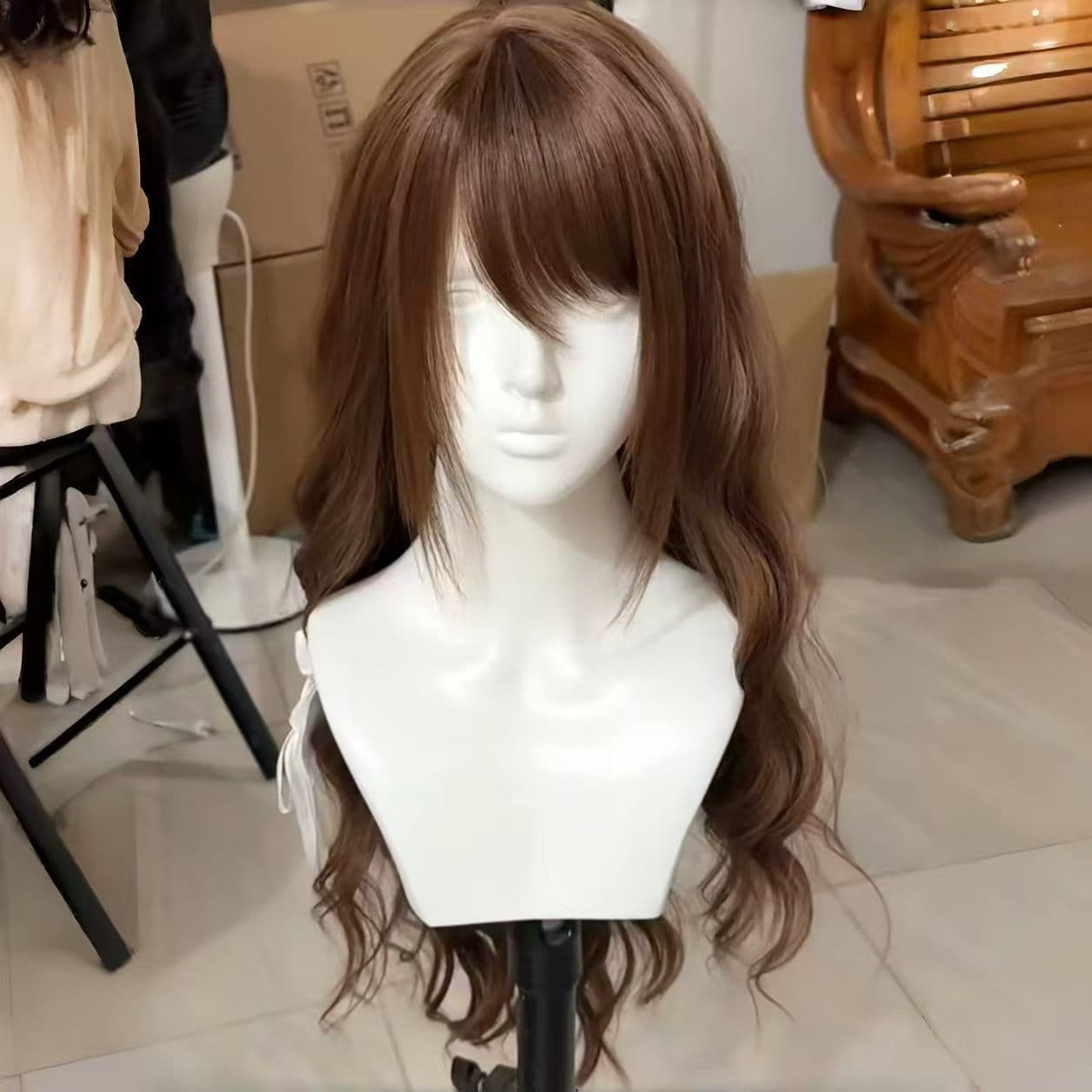 Sweetheart Chocolate Long Curly Egg Roll Wig for Women, Full Head Wig with Bangs, Sweet and Lazy Style, Natural Full Head Wig