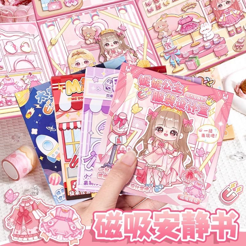 Magnetic Quiet Book for Children Cut-Free Magnetic Sticker Book for Girls Hand-Pasted DIY Cartoon Princess Dressing Book