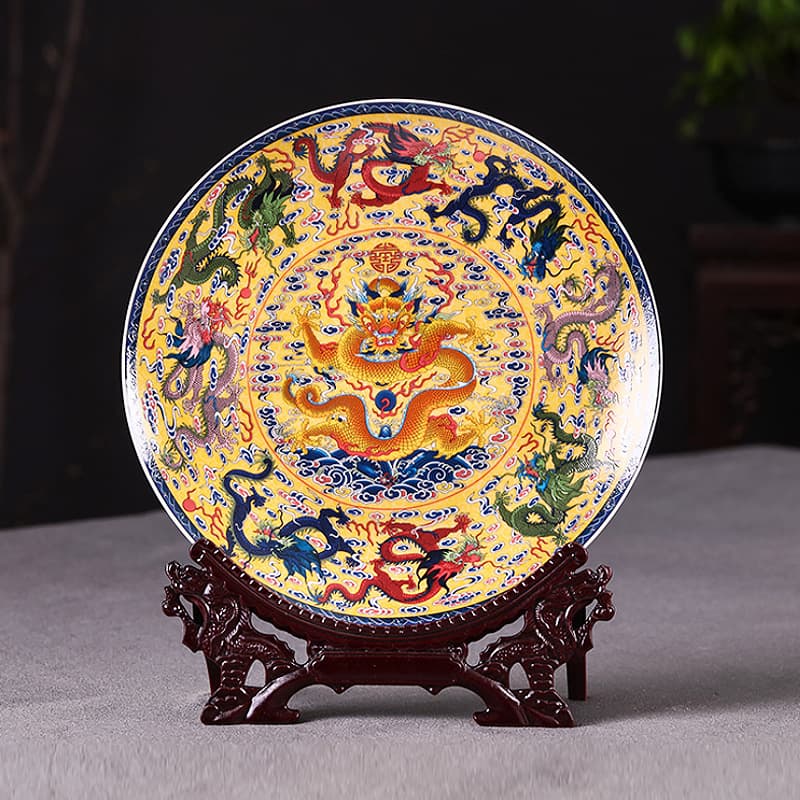 Jingdezhen ceramic hanging plate, decorative plate, nine-dragon pattern, home living room decoration, base plate display, custom image production