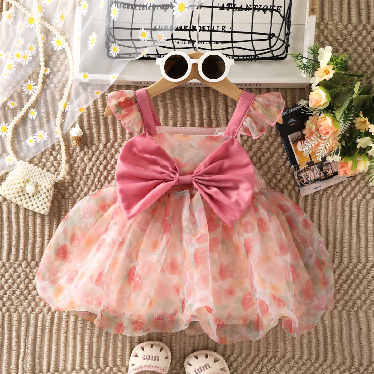 Summer new foreign trade children's clothing wholesale organza printed big bow girls flying sleeve dress one generation