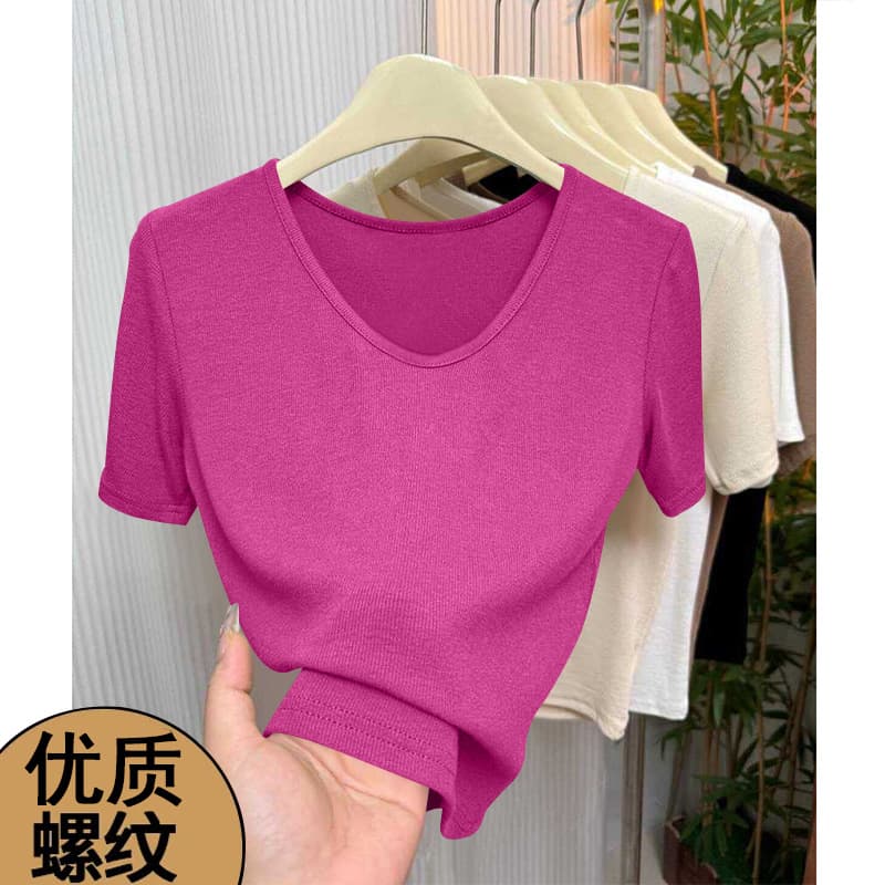 Right shoulder short-sleeved t-shirt for women summer V-neck thin new loose U-neck basic threaded style top bottoming shirt