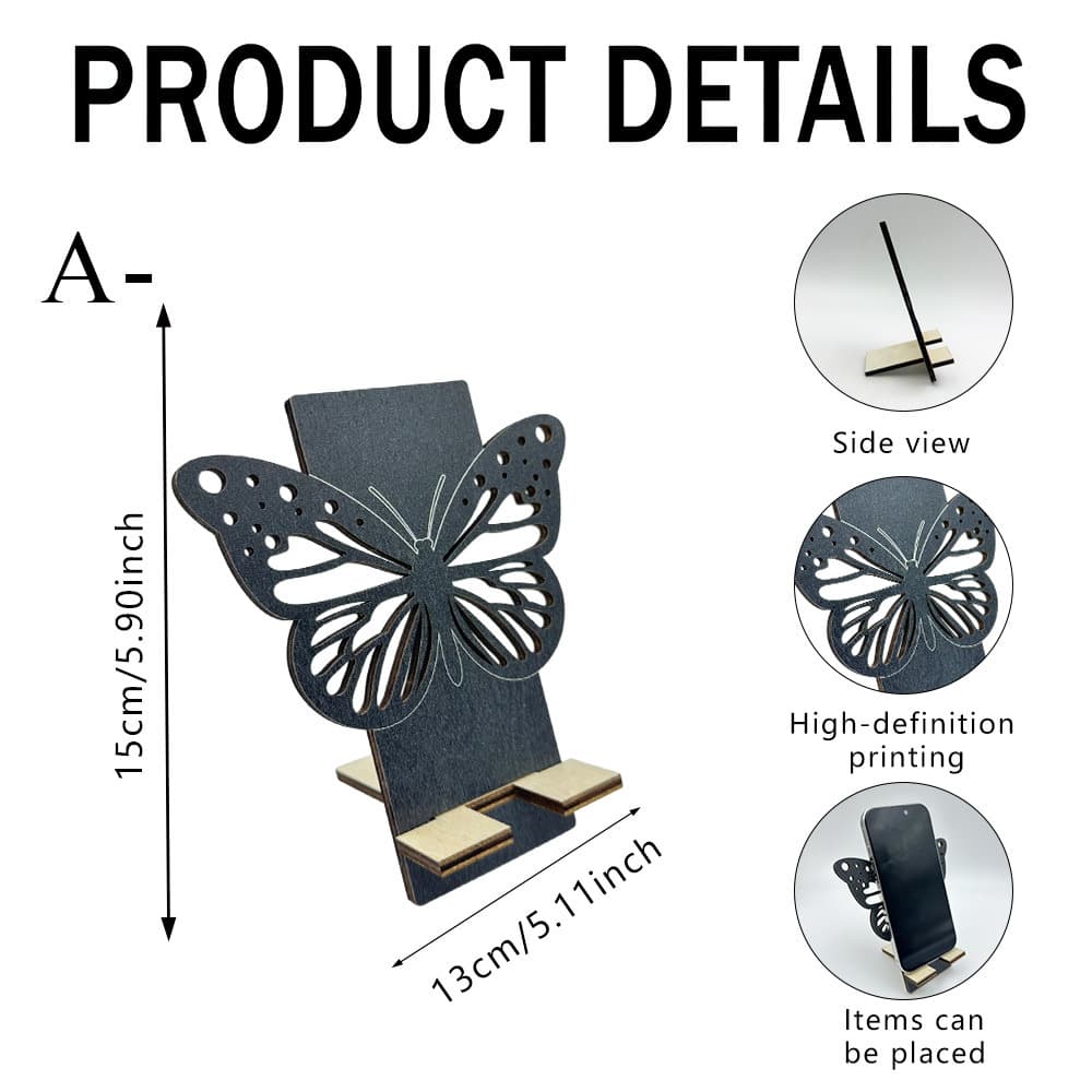 1Set Black/Pink/Natural Wood Butterfly Wooden Phone Stand Ornament, Exquisite Hollow-Out Butterfly Aesthetic Desktop Display