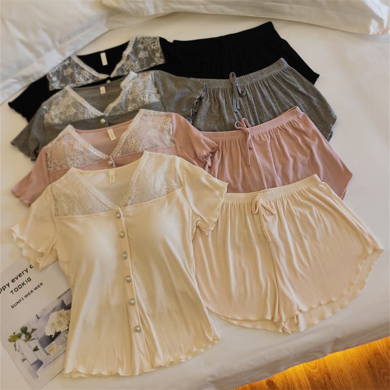 Sexy Summer Pajamas for Women, Thin Modal Short-Sleeve Set with Chest Pads, Can Be Worn Outside, Pure and Sweet Style Loungewear