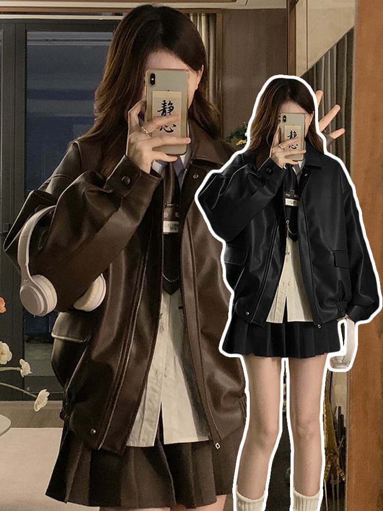 American Retro PU Leather Jacket for Women, Black, Sweet & Cool Motorcycle Style, Loose Fit, Long Sleeve, Spring/Autumn