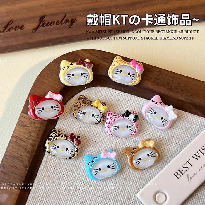 Leopard print hat Hello Kitty nail art accessories cute ice transparent mixed bow cat resin nail accessories wholesale