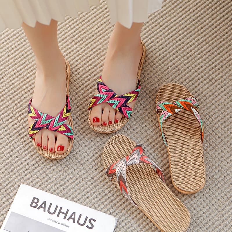 Linen Slippers for Women Summer Home Indoor Office Anti-Slip Sole Couple Handmade Cool Slippers for Men