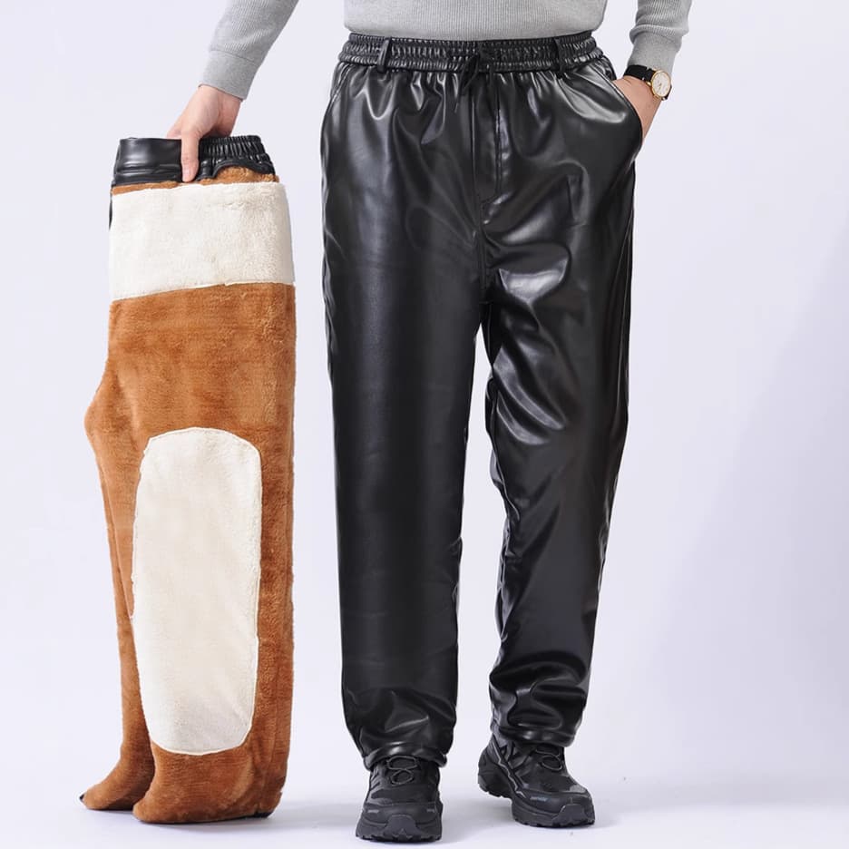 Winter Northeast Leather Pants for Men Fleece-Lined and Thickened Windproof Thermal Waterproof Cycling Delivery Leather Cotton Pants Outer Wear Men's Trousers