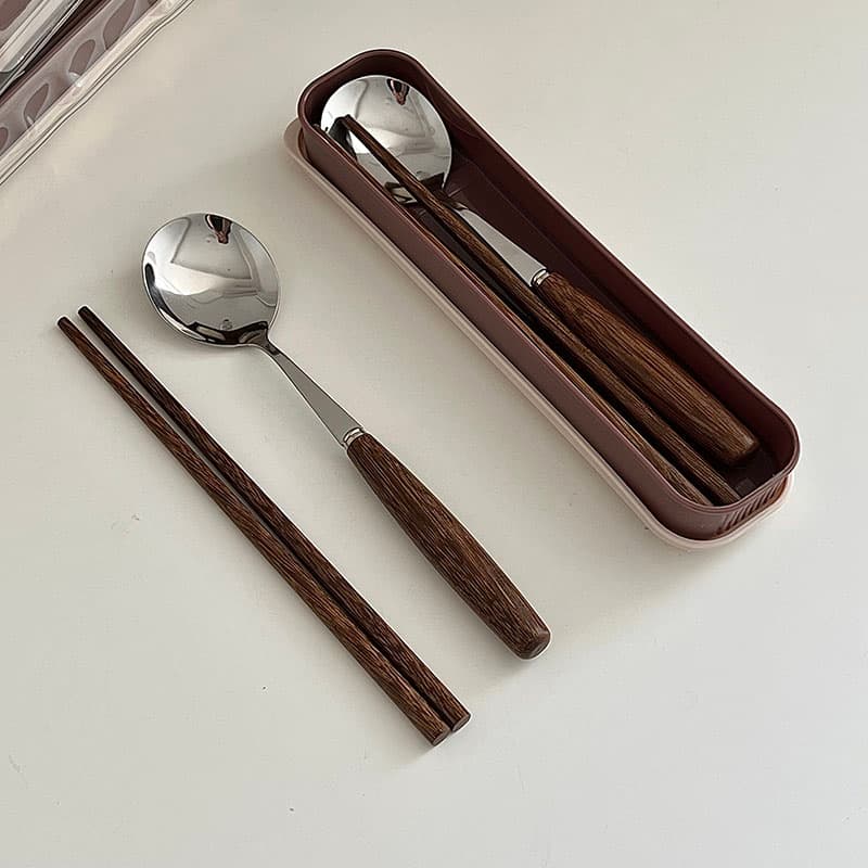 Premium Retro Imitation Mango Wood Spoon Chopsticks Stainless Steel Wood Handle Office Student Portable Set Utensil Wood Spoon