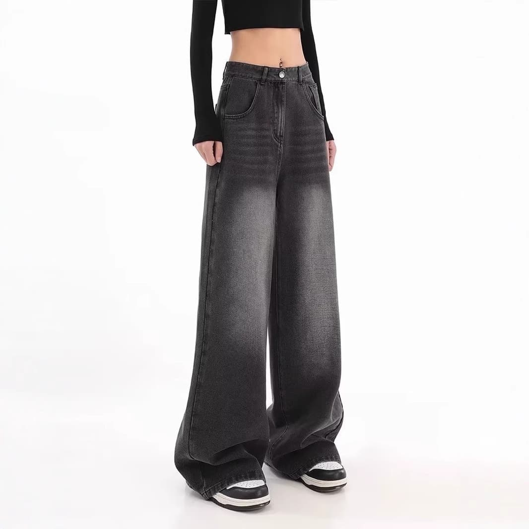 Black and gray high-waisted wide-leg jeans for women slimming 2025 straight-leg loose floor-length drapey tall trousers