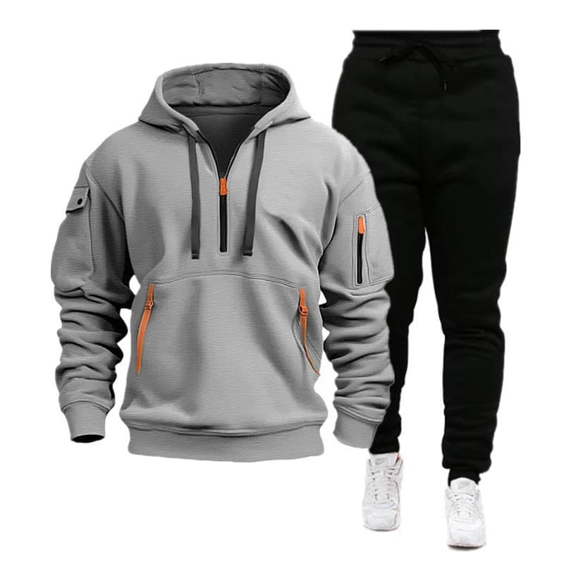 2024 Cross-Border Autumn and Winter Sports Sweater Suit Men's Multi-Pocket Zipper Hoodie Sportswear Sweater Suit Light Plate