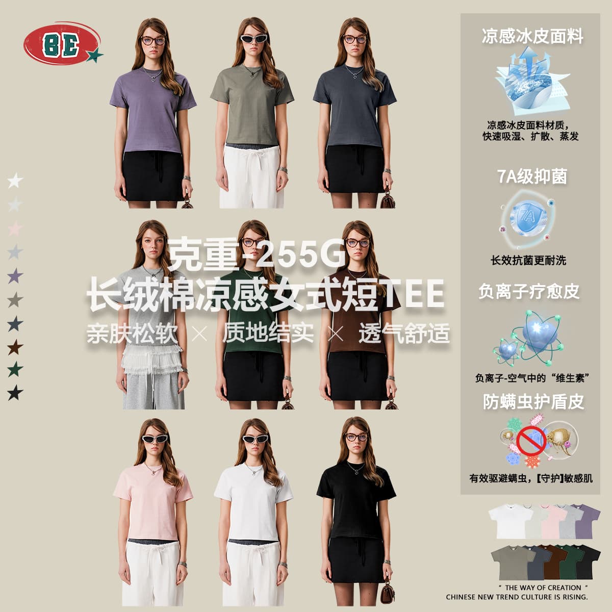 BE Women's | 2025 Summer American Fog Long-Staple Cotton Crew Neck Women's T-Shirt Casual Sports Short Sleeve Regular Shoulder Slim Fit Tee